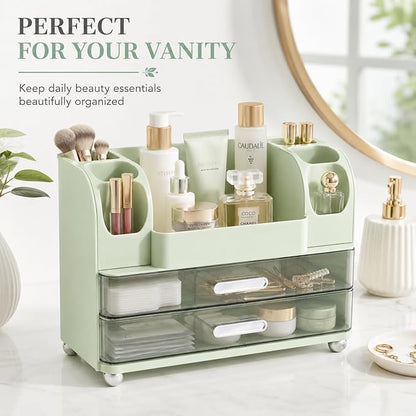Makeup Organizer with 2 Drawers, Cosmetic Display Case, Storage Holder for Vanity, Bathroom Counter, Desk, Beauty Supplies (Green)