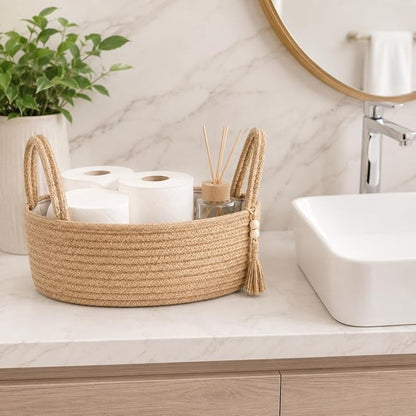 ABenkle Small Storage Basket, Jute Rope Woven Toilet Paper Tray Organizer for Toilet Tank Top, Boho Bathroom Decor Holder for Shelf Bedroom Living Room -13x6x4 Inches