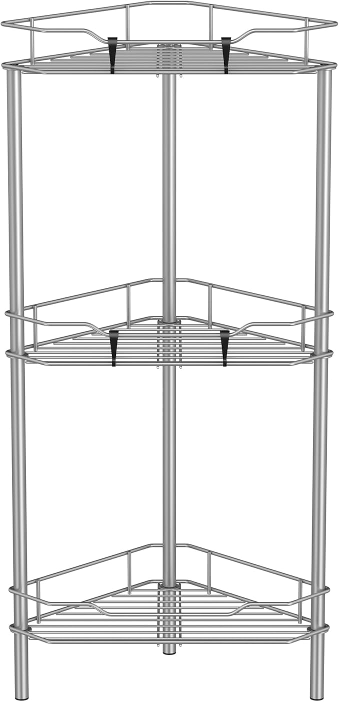 HuggieGems 3 Tier Floor Standing Corner Shower Caddy Organizer Shelf with Hooks, Bathroom Shelves Stand Rack, Gray