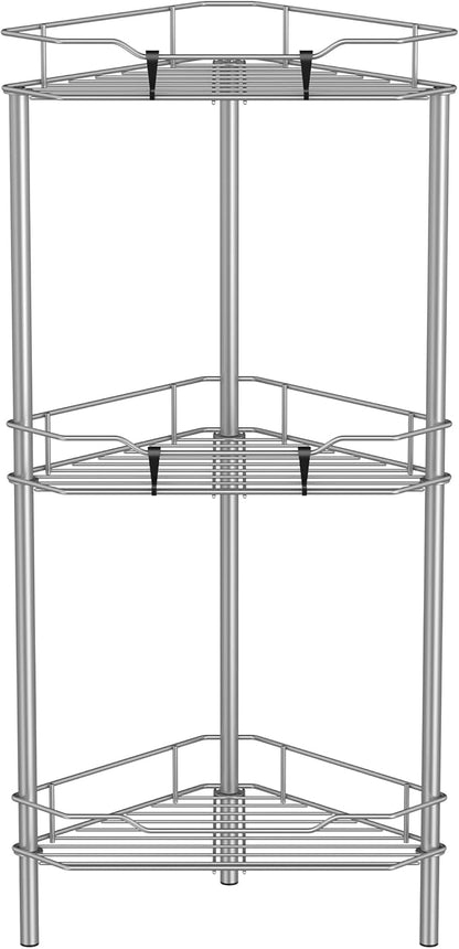 HuggieGems 3 Tier Floor Standing Corner Shower Caddy Organizer Shelf with Hooks, Bathroom Shelves Stand Rack, Gray
