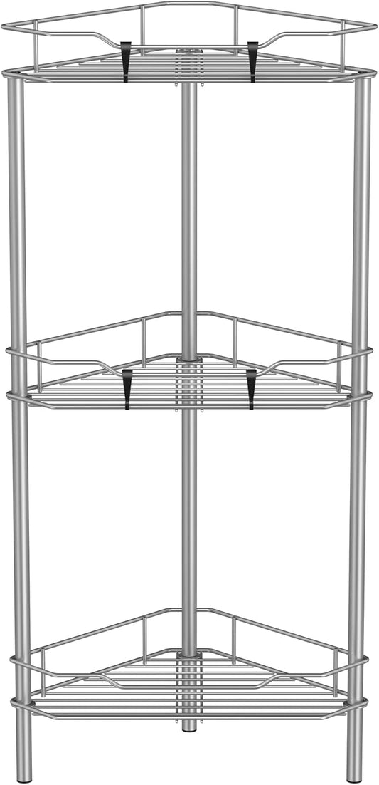 HuggieGems 3 Tier Floor Standing Corner Shower Caddy Organizer Shelf with Hooks, Bathroom Shelves Stand Rack, Gray