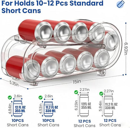 2 Pack Auto-Rolling Soda Can Organizer for Refrigerator -Short Cans and Long Cans 12oz/ 11.2oz/ 355ml/ 330ml Drink, Soda Can Dispenser for Pantry Storage 10-12 Standard Size Drink (Clear)
