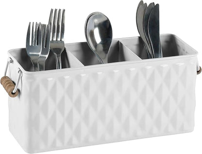 Silverware Caddy for Party Kitchen Flatware Holder for Countertop Metal White Diamond Pattern Embossed Cutlery Organizer with 3 Compartments for Utensils, Spoons, Knives, Forks, Cups,