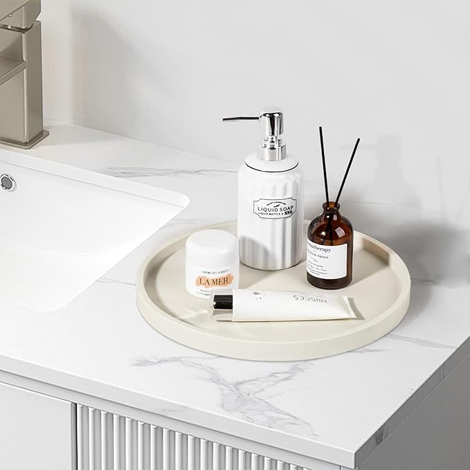 Silicone Bathroom Tray Round Vanity Tray Decorative Soap Holder Kitchen Countertop Organizer Coffee Table Decor for Candle, Perfume, Plant, 12 Inch, Beige