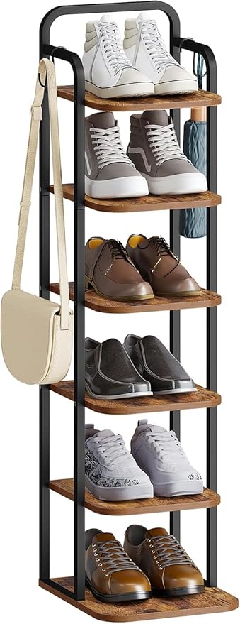 Hzuaneri 6 Tiers Vertical Shoe Rack, Narrow Shoe Tower, Tall Shoes Shelf with 2 Hooks, Adjustable Shelves, Corner Shoes Shelves for Small Spaces, Entryway, Living Room, Rustic Brown SR04201B