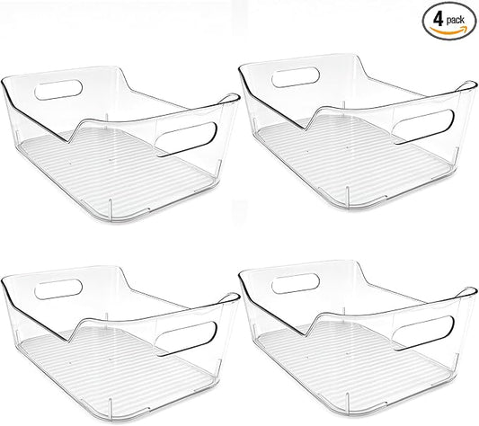 4 Pack Acrylic Pantry Storage Bins, Storage Bins for Cabinets, Clear Bins for Pantry, Cabinets, Organizing, Fridge, Kitchen (7.9” x 5.5” x 3.2”)
