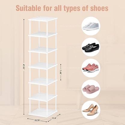 MHXW SXPN Bamboo Free Standing Shoe Rack Shelf Multi Tier Tall Wooden Stackable Shoes Rack Organizer for Closet Front Door Entrance Narrow Vertical Shoe Storage (White, 7 Tiers)