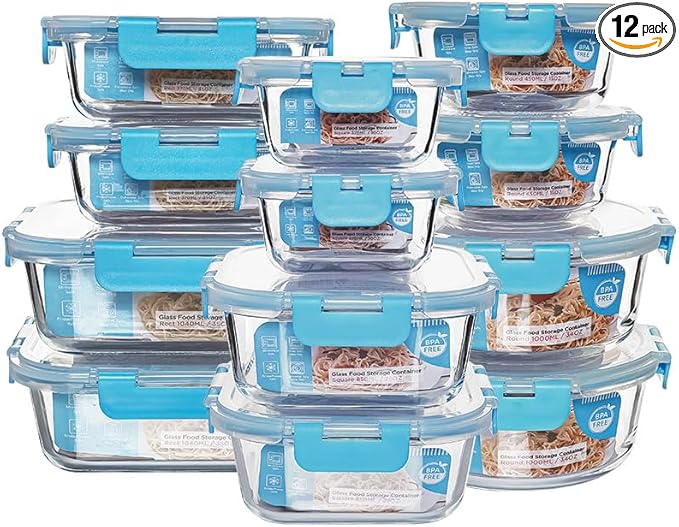 12 Pack Glass Storage Containers Transparent, Stackable Design Meal Prep Containers for Food Storage, Home, Kitchen & Pantry Organization, Microwave/Freezer/Dishwasher Safe