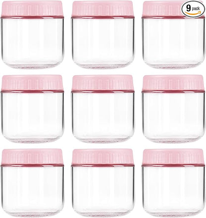 Overnight Oats Containers with Lids, 10oz Wide Mouth Mason Jars with Lids, 9 Pack Glass Jars with Airtight lid for Chia Pudding Yogurt Salad, Meal Prer Oatmeal Jars, Pink