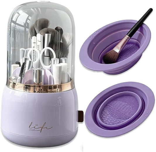 360 Rotating Makeup Brush Holder with Lid Clear Dustproof Make Up Organizers for Vanity Countertop Includes a Foldable Bowl for Cleaning Makeup Brush,Transparent, Dustproof-Purple