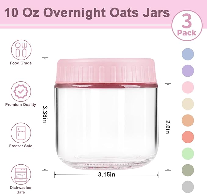 Overnight Oats Containers with Lids, 10oz Wide Mouth Mason Jars with Lids, 3 Pack Glass Jars with Airtight lid for Chia Pudding Yogurt Salad, Meal Prer Oatmeal Jars, Pink