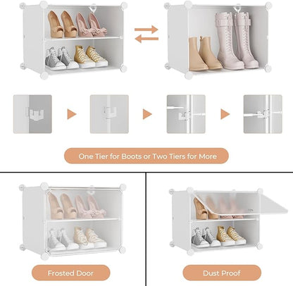 Shoe Rack 8 Tier Shoe Storage Cabinet with Door 32 Pair Tall Shoes Rack Organizer Free Standing Expandable Stable Plastic Easy Assembly Shoes Shelf for Closet Hallway Entryway Bedroom White