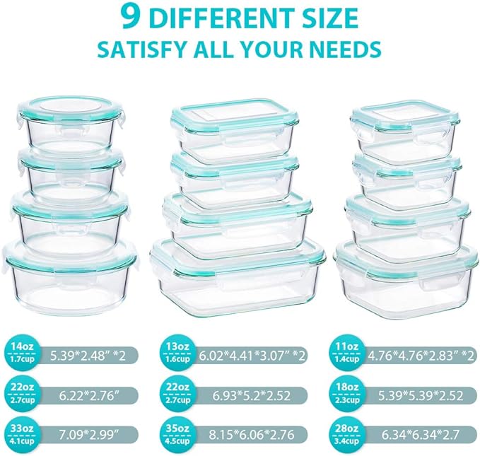 Bayco Glass Food Storage Containers with Lids, [24 Piece] Meal Prep, Airtight Bento Boxes, Leak Proof (12 lids & 12 Containers) - Blue
