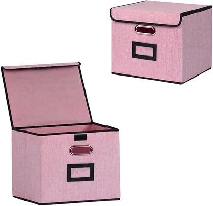 Large Square Storage Bin with Lid, Foldable Organizer Box with Handles & Label Design, for Office, Closet, Home, Documents, Pink, 12.20 x 10.63 x 10.63 Inches, 2 Pack