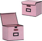 Large Square Storage Bin with Lid, Foldable Organizer Box with Handles & Label Design, for Office, Closet, Home, Documents, Pink, 12.20 x 10.63 x 10.63 Inches, 2 Pack