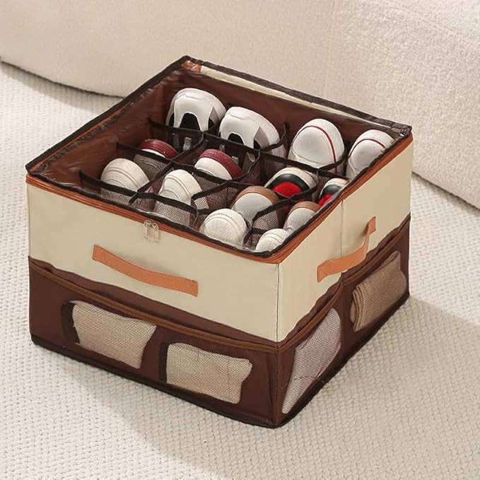 Extra Large Shoe Storage Box, Foldable Closet Organizer with Adjustable Dividers Spacious Storage Bin for Sneakers, Boots, Clothes, Pants & Handbags