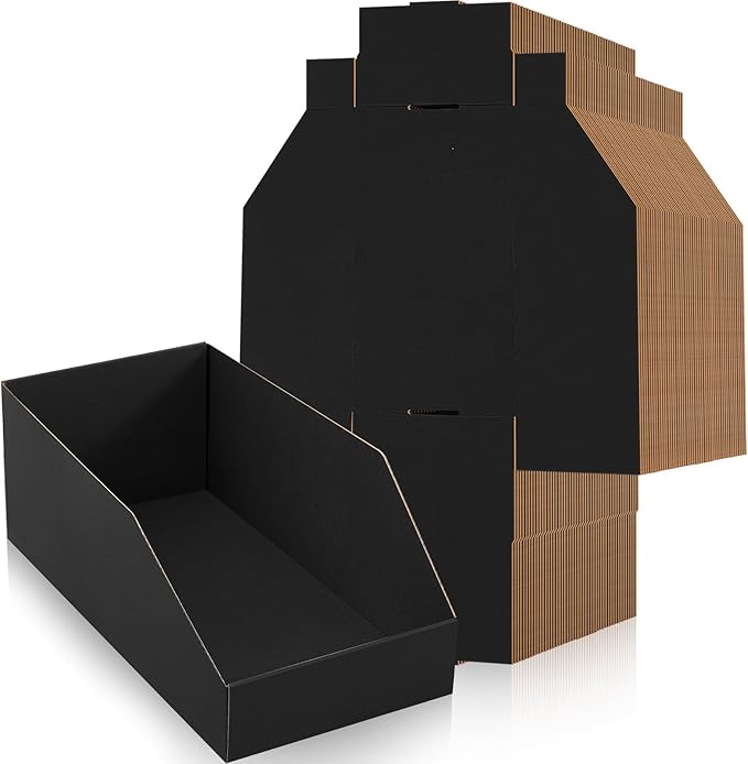Fuyoooo 30 Pack 12 x 6 x 4. 5 Inches Cardboard Storage Bins Open Top Bin Boxes Corrugated Shelf Organizer Bins for Pantry, Parts, Garage, Snacks, Bottles, Cans or Warehouse Home Cubby, Black