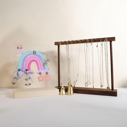 Medium necklace hanger shelf with 12 copper bars, Wooden jewelry storage organizer rack for hanger necklace bracelet, necklace display stand for boutique store【Walnut】