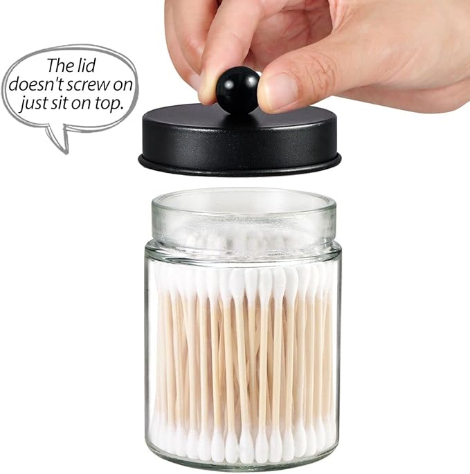3 Pack Apothecary Jar Canisters Bathroom Vanity Organizer - Qtip Holder Storage Organizer Set Countertop Canister with Stainless Steel Lids &Cute Stickers for Qtips,Cotton Swabs,Makeup Sponges,Floss
