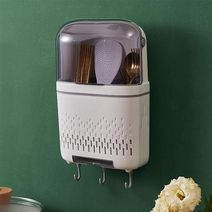Moonlight White Rustproof Chopstick Storage Rack with Cover - Hanging Kitchen Utensil Holder and Compartmental Cutlery Drainer