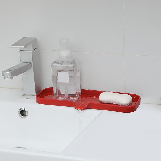 MicoYang Silicone Bathroom Soap Dishes with Drain Spout-Bathroom and Kitchen Sink Organizer,Sponge Holder,Dish Soap Tray,Perfect for Dispenser,Scrubber,Bottle,Cup on Sink or Counter-Red 12"×4"