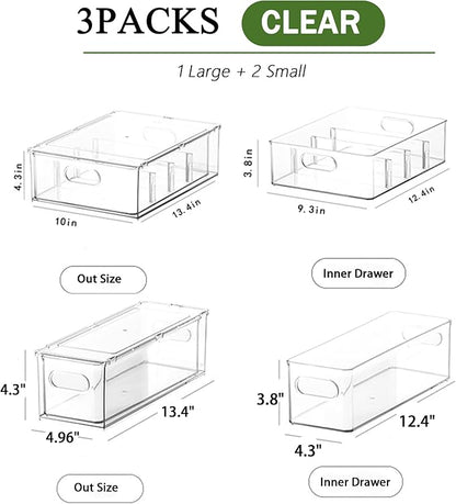 bealy 3 Pack Fridge Organizer and Storage,Clear Storge Bins with Pull-out Drawer, Fridge Drawers Clear Stackable Storage Drawer Containers for Freezer, Refrigerator, Pantry, Kitchen