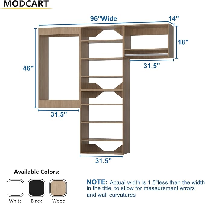 Modular Closet kit, 96in Wide Wardrobe Organizer - Tower Storage for Walk-In Closets, Wall-Mounted - Wooden Finish