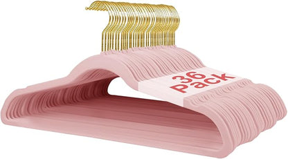 36 Packs Velvet Clothes Hangers, 17.3 Inches Non-Slip Skirt Hangers, Sturdy Dresses Hangers with Shoulder Notches, Space Saving Clothing Hangers for Adults, Pink with Gold Hook