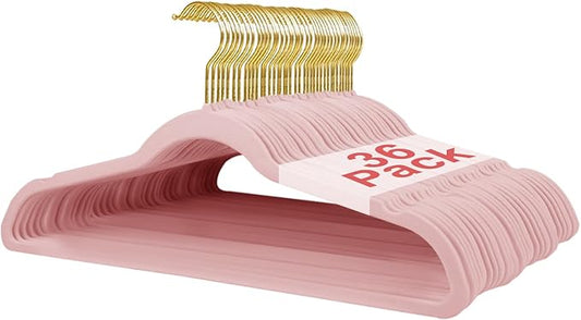 36 Packs Velvet Clothes Hangers, 17.3 Inches Non-Slip Skirt Hangers, Sturdy Dresses Hangers with Shoulder Notches, Space Saving Clothing Hangers for Adults, Pink with Gold Hook