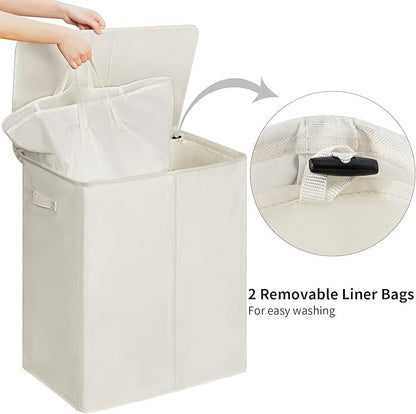 WOWLIVE 154L Double Laundry Hamper with Lid and Removable Laundry Bags, Large Dirty Clothes Hamper 2 section Collapsible Laundry Basket Dorm Room Storage for Bedroom, Bathroom, College,Beige