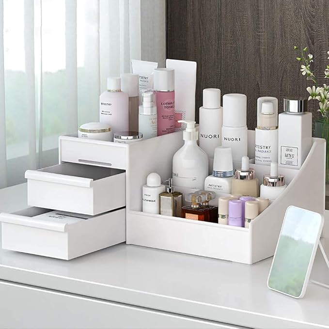 Large Makeup Capacity Cosmetic Storage Box Skin Care Organizer Jewelry,Makeup, Brushes, Lipsticks, Nail Polish Container,Desktop Dresser Sundries Storage Box (White)
