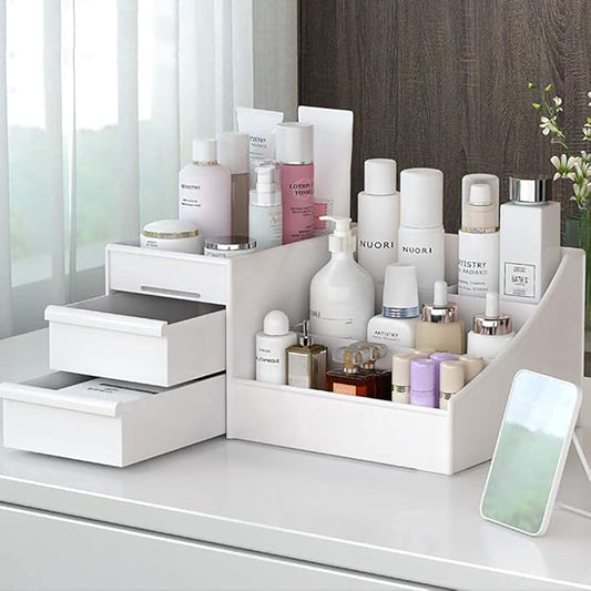 Large Makeup Capacity Cosmetic Storage Box Skin Care Organizer Jewelry,Makeup, Brushes, Lipsticks, Nail Polish Container,Desktop Dresser Sundries Storage Box (White)