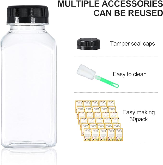DANALLAN 30 Pack 8oz Empty Plastic Bottles with Leak-Proof Caps Food Grade Recyclable Bulk Beverage Containers Clear PET Bottles for Homemade Juice, Smoothie, Milk and Drinks