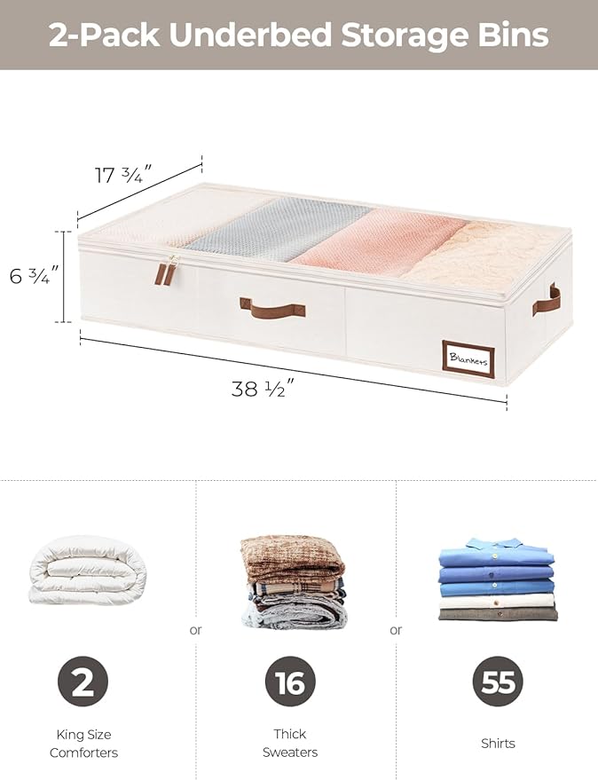 StorageWorks Extra Large Under Bed Storage Containers with Handles and Label Holder, 2 Pack Ultra-thick Fabric Underbed Bins, Closet Organizer for Clothes, Blankets, Sweater