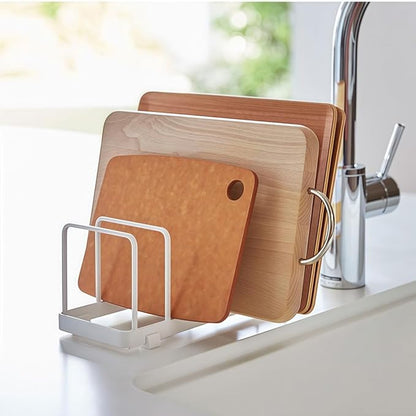 Cutting board organizer Dish rack Pot Lid Organizer for Bakeware, Dish Plate, Cutting Boards, Pots & Pans, Drying Rack Storage Holder Organizer for Kitchen Cabinet/Sink/Kitchen countertops (White)