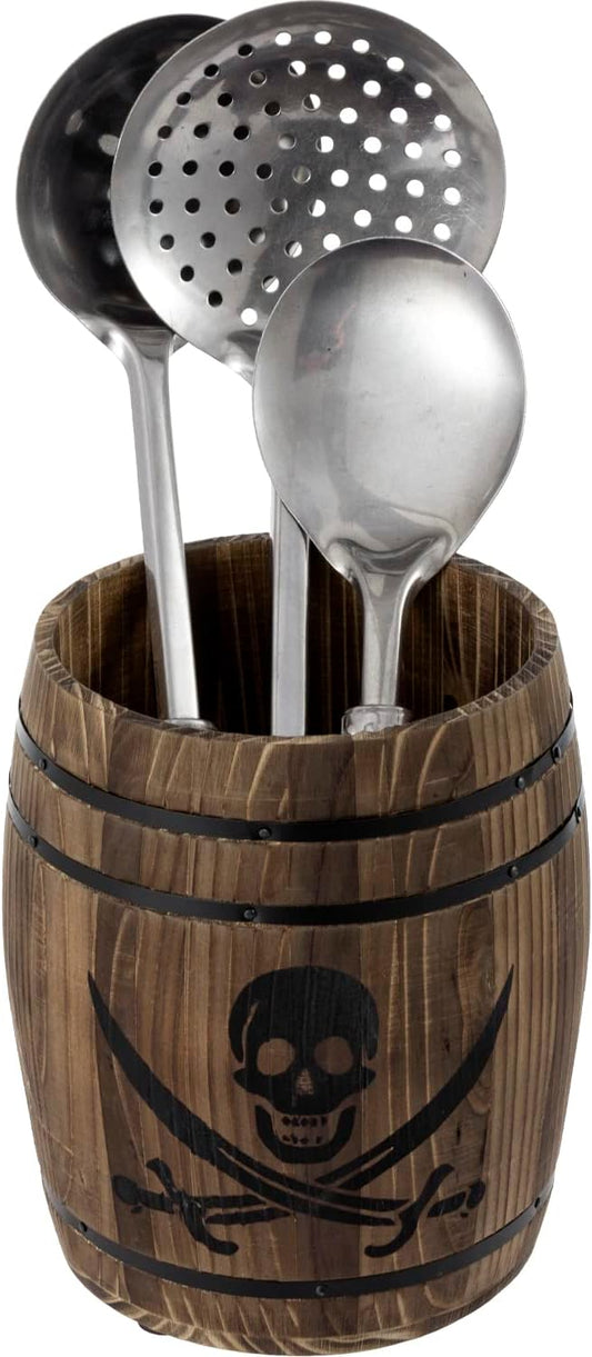 MyGift Rustic Burnt Wood Pirates Rum Cask Style Kitchen Utensil Crock, Vintage French Wine Barrel Cooking Tools Holder with Skull and Cutlass Sword Design