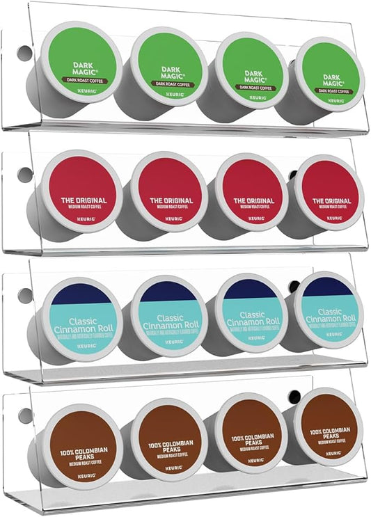 LifeMoreasy K Cup Holders, Acrylic Coffee Pods Organizer Stand Magnetic & Self-Adhesive Wall Mounted K Cup Stand for Kitchen Wall, Cabinet, Fridge (4 Pack for 16 Pods)