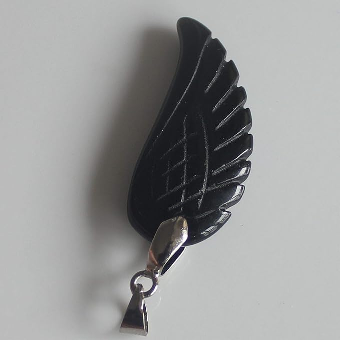 35mm Hand carved mixed gemstom angel wing for necklace pendant bead (black obsidian)