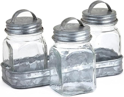 Set of 3 Glass Canisters in Galvanized Tray - Canisters in Tray Black
