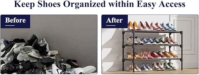 3-Tier Stackable Shoe Rack Organizer - Heavy Duty Metal & Fabric Shoe Shelf for Closet, Entryway, and Mudroom - Space Saving Shoe Storage Bench for Sneakers & Boots