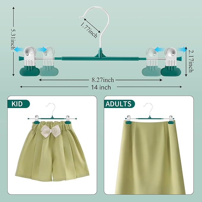 14Inch Clothes Pants Hangers with WideClips 10 Pack,Non-Slip Adjustable Skirt Hanger for Women,Space-Saving Heavy Duty Men Hangers for Pants,Trousers,Jeans,Shorts,Green