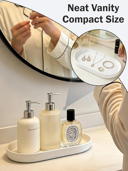 Matte White Ceramic Bathroom Tray for Countertop, Minimalist Vanity Organizer Dish for Perfume, Jewelry & Soap, Oval Decorative Tray for Bathroom Sink, Dresser, Coffee Bar or Kitchen Counter