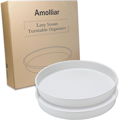 Amolliar Trays for Household Purposes, Lazy Susans, Turntable Organizer for Cabinet, Rotating Spice Rack for Fridge, Pantry Organizer and Storage, Kitchen Under Sink Organizer, Metal White 10" 2 Pack