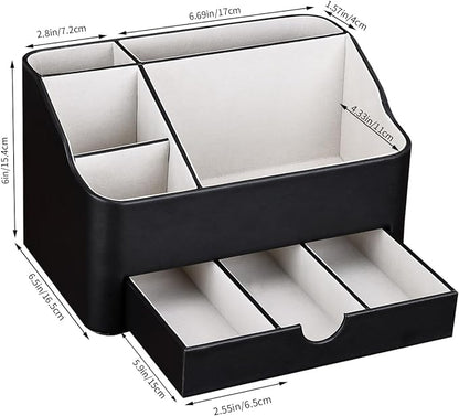 KINGFOM Leather Makeup Organizer with Drawer, Cosmetic Storage for Dresser Countertop and Bathroom Vanity, Beauty Holder for Lipstick Brush Skincare (Black)