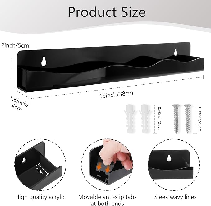 Nail Polish Wall Rack, 6-Shelf 15-Inch Black Acrylic Nail Polish Shelves with Removable Ends – Multi-Purpose Shelf for Essential Oils, Cosmetics Storage and Display for Salons and Bathrooms