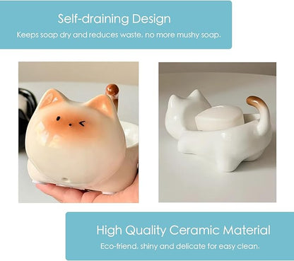 Ceramic Cute Cat Soap Dish, Self-Draining Bar Soap Holder for Shower, Decorative Soap Tray for Bathroom Sink Kitchen Counter, Easy Clean Soap Saver Tray(White)
