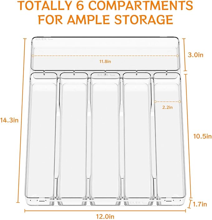 Yieach Clear Large Silverware Organizer 12 inch Wide for Kitchen Drawers,BPA Free Silverware Trays,Plastic Silverware Dividers & Holder,Utensil and Flatware Drawer Organizer Suitable for Fork,Spoon
