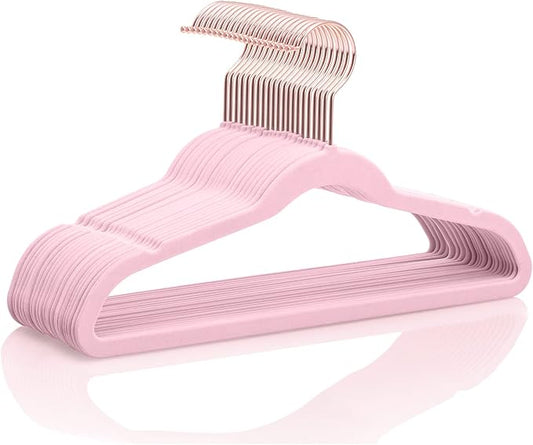 MIZGI Kids Velvet Hangers,Non-Slip Big Kids Hangers,14 Inch Hangers for Youth,Teen Clothes,Pack of 50（Pink/Rosegold）