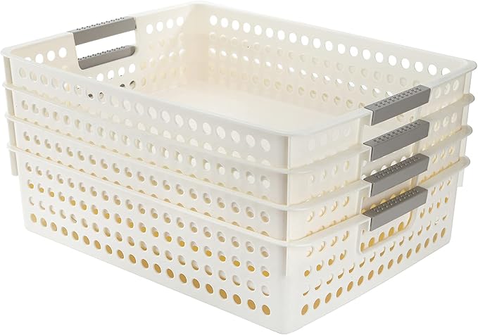 Bekith 4 Pack Plastic Storage Basket, A4 Size Plastic Storage Tray, Desktop File Organizer Baskets, 14 Inches x 10 Inches x 3.4 Inches, White