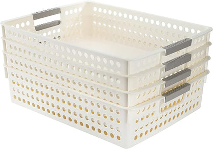Bekith 4 Pack Plastic Storage Basket, A4 Size Plastic Storage Tray, Desktop File Organizer Baskets, 14 Inches x 10 Inches x 3.4 Inches, White